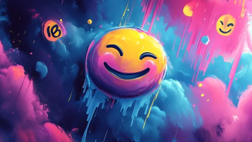Neon smiley orbs drift through vibrant dripping clouds