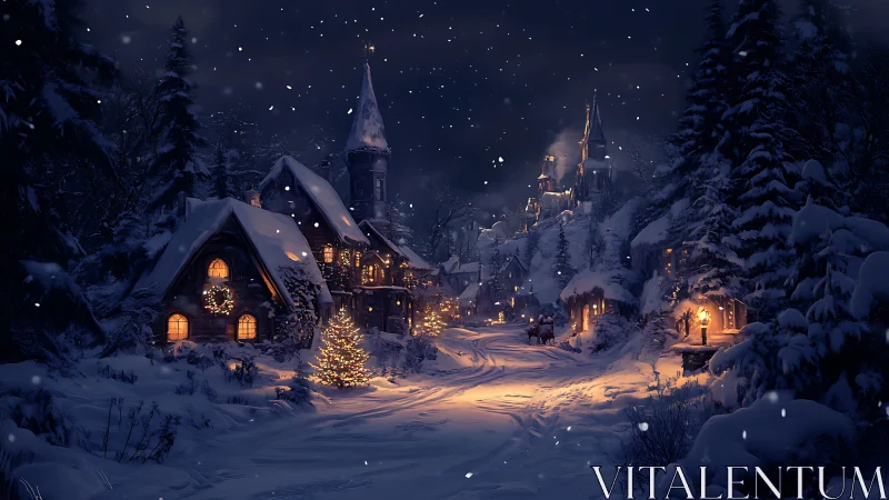 Midnight snowfall over ember-lit winter village hushes dreams.