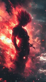 Fiery anime warrior standing tall in glowing storm clouds.
