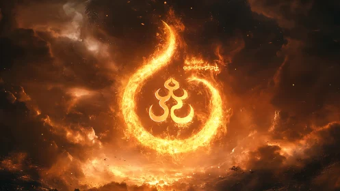 Ornamental Symbol Surrounded by Fiery Atmospheric Phenomena.