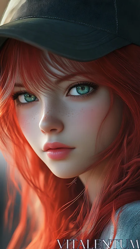 Digital portrait shows red‑haired subject in cap facing viewer