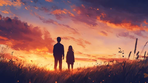 Silhouetted figures study stratified sunset sky over windblown field