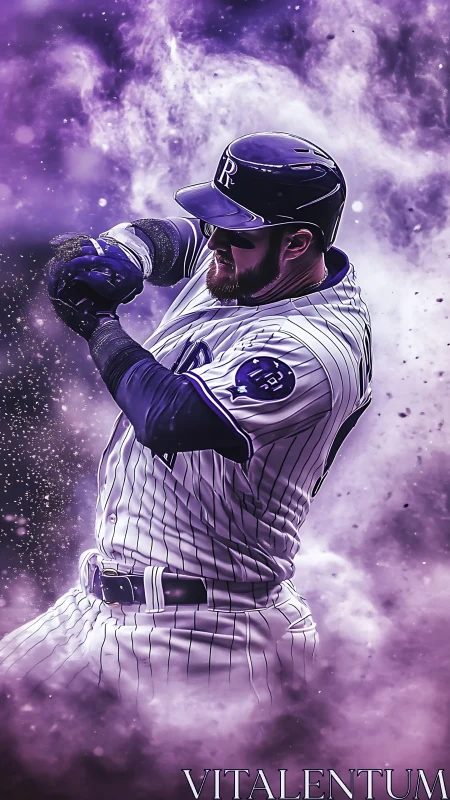 Dynamic digital painting of baseball batter in violet impact haze.