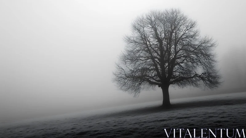 Fog-diffused winter tree silhouette on frost-textured hillside.