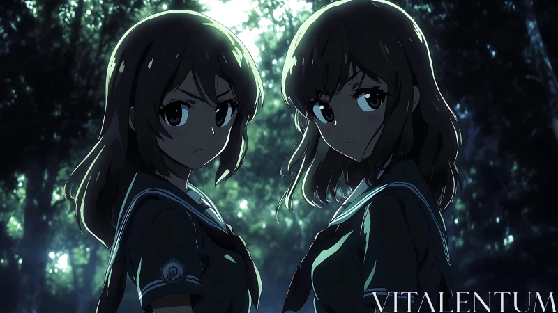 Backlit anime schoolgirls rendered with high-contrast rim lighting