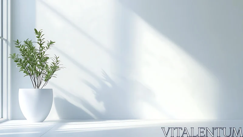Minimalist potted plant in bright sunlit interior corner.