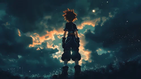 Silhouetted anime boy stands under luminous storm clouds