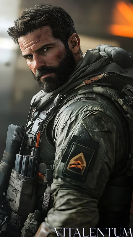 Battle-hardened tactician glaring through urban afterglow.