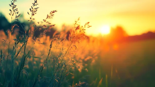 Sunlit meadow grasses trade secrets with the glowing horizon