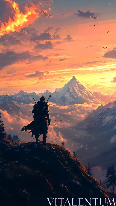 Solitary cloaked figure surveys distant snow-covered mountain