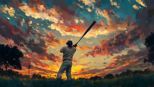 Baseball player silhouette under dramatic sunset sky painting.