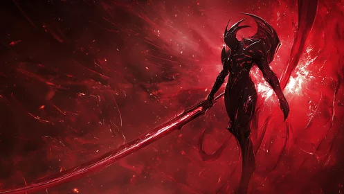 Dark armored demon warrior with massive red energy blade.
