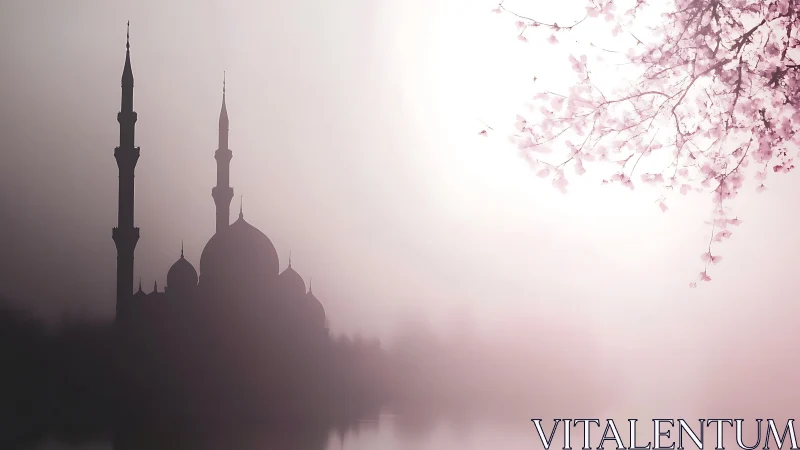 Mosque silhouette with minarets and tree branches at sunrise.