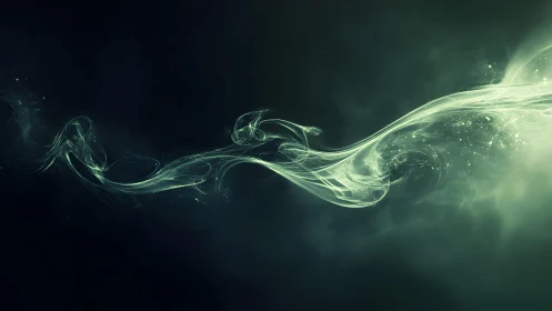 Abstract green smoke wave on dark background, digital art style.