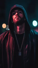 Neon-lit hooded stranger owns the midnight city glow