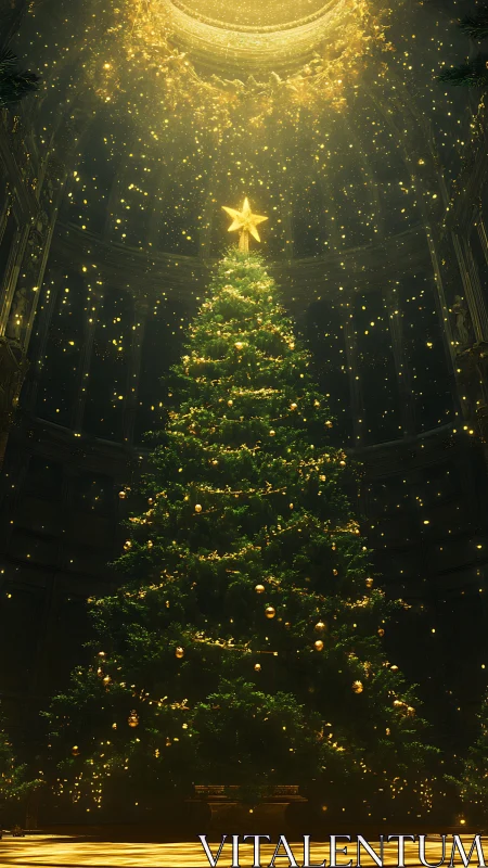 Illuminated indoor tree stands beneath circular overhead opening