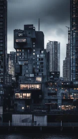 Brutalist high-rise at dusk contrasts warm windows and steel