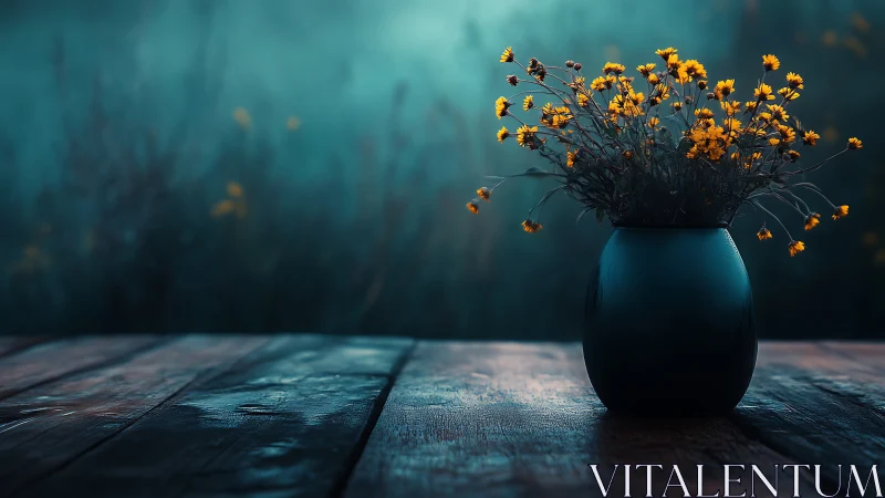 Dark vase with yellow flowers on weathered wooden table
