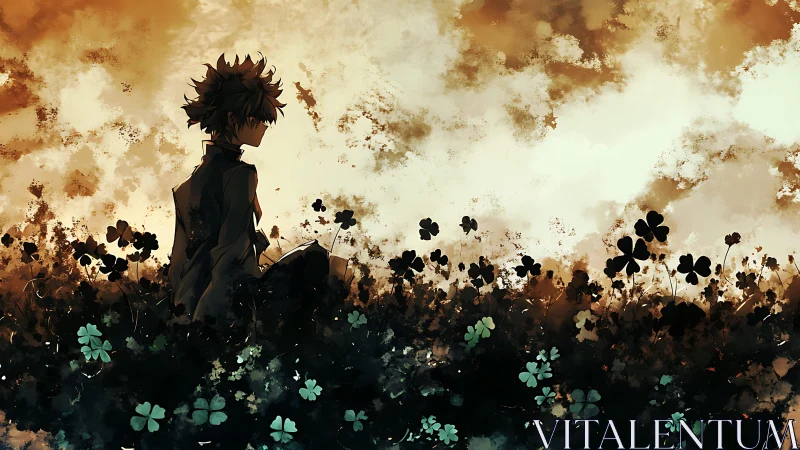 Quiet cloverfield daydream with a thoughtful anime boy.