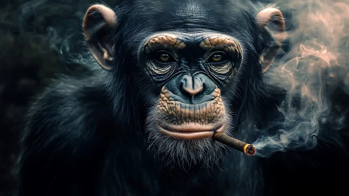 Hyperreal chimpanzee portrait with cigar and drifting smoke.