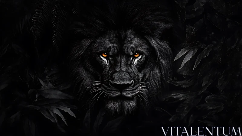Black lion portrait emerges from dark foliage with glowing eyes