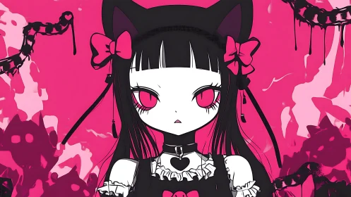 Gothic neko girl dominates neon pink horror backdrop.