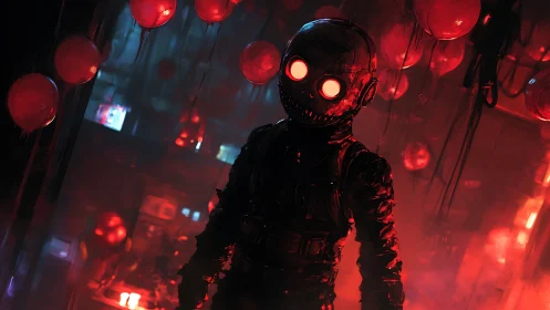Cybernetic soldier under red neon balloons in dark corridor.