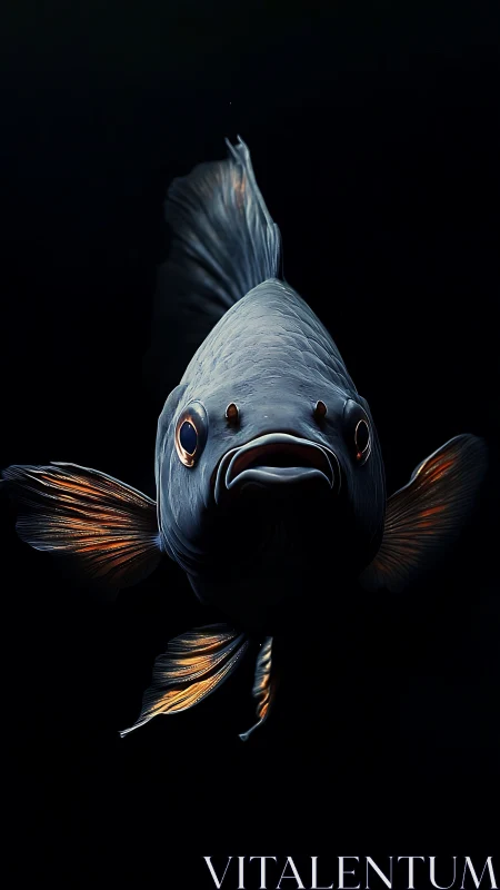 Luminous koi fish emerges from darkness in dramatic focus