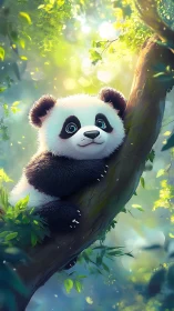 Baby panda clings to sunlit forest tree in soft focus glow