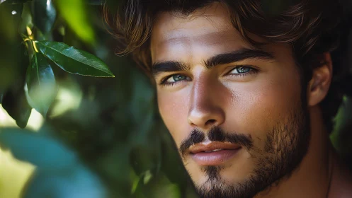 Forest-gazed portrait of a luminous, blue-eyed wanderer.