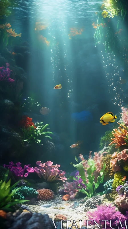 Sunlit coral reef scene shows colorful fish and clear water