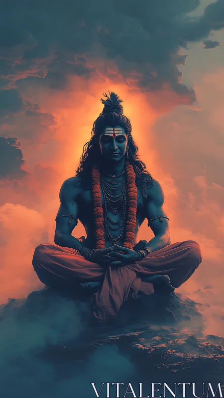 Meditating blue deity sits on rocky peak amid glowing clouds