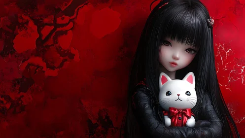 Gothic anime girl holding white cat plush on red wall.