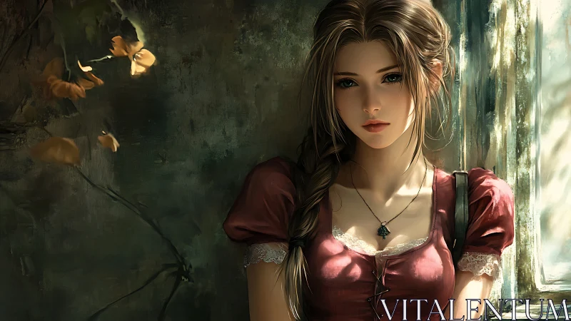 Young woman by window in detailed digital portrait scene.