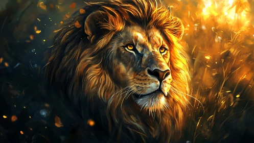 Radiant lion portrait in high-chroma atmospheric backlighting.