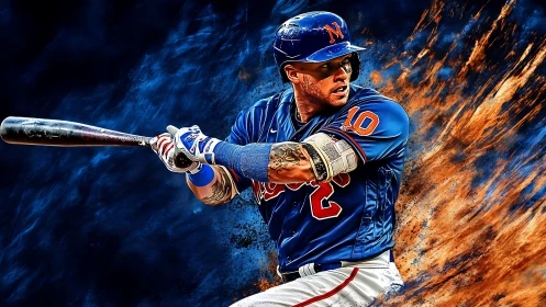 Electric baseball slugger frozen in a fiery blue swing.