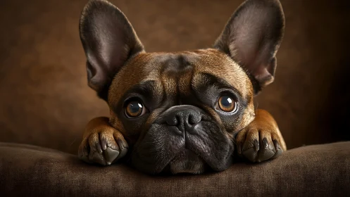 French bulldog resting on fabric surface in close-up view.