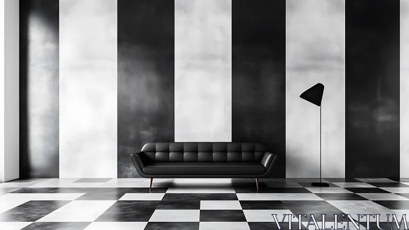 Minimalist Interior with Black Leather Sofa and Striped Wall