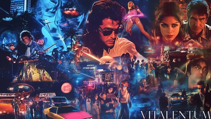 Neon-lit urban collage presents layered retro crime scenes