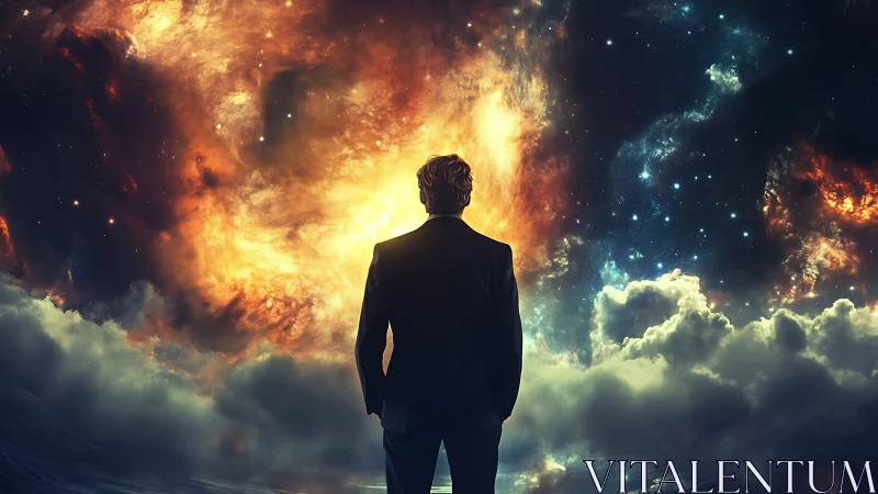 Silhouetted man studies cosmic nebula framed by storm clouds