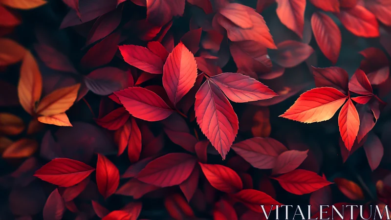 Scarlet autumn leaves glow softly against deep forest shadow