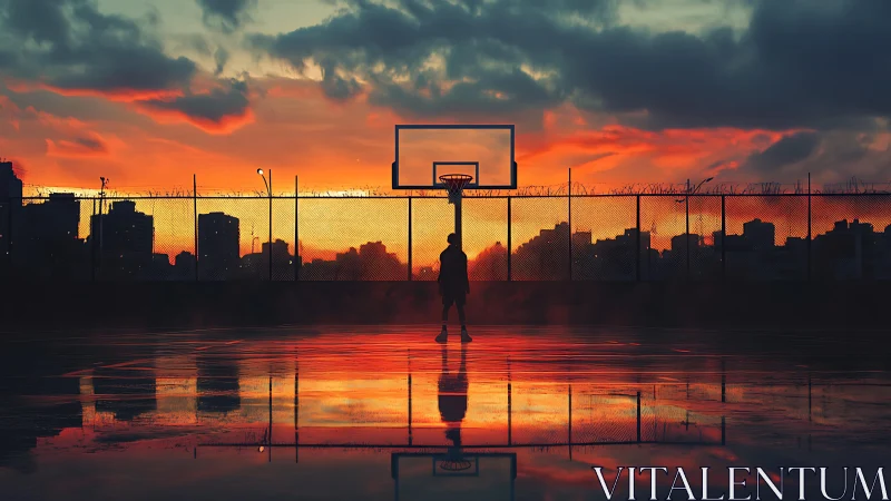 Silhouette on wet urban basketball court at red sunset sky.