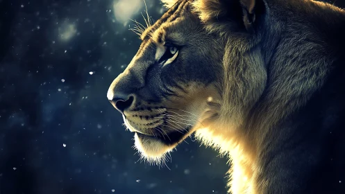 Majestic lion profile under glowing night snowfall.