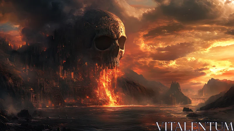 Colossal skull fortress erupts molten lava into coastal river