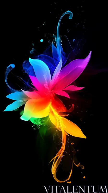 Vibrant abstract flower with glowing rainbow petals on black