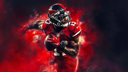 Explosive football runner in red vapor storm effect artwork.