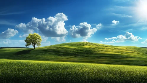 Isolated tree stands on gently illuminated grassy hillside