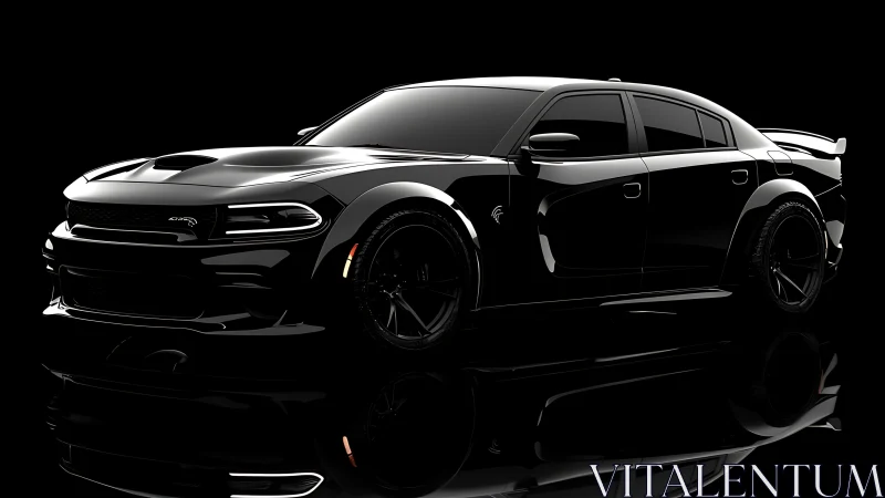 Glossy black muscle sedan rendered in dramatic studio light.