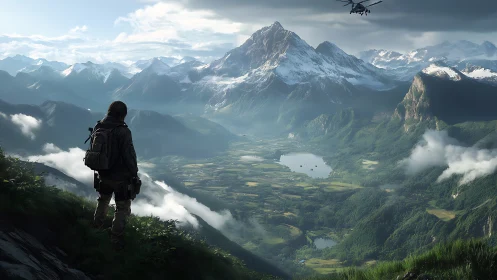 Solitary hiker quietly admires a vast misty mountain valley