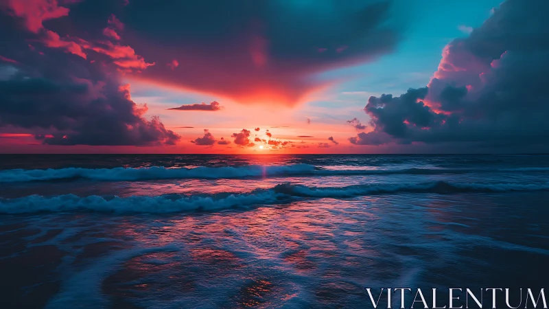 High-contrast ocean sunset with cyan-magenta color grading applied